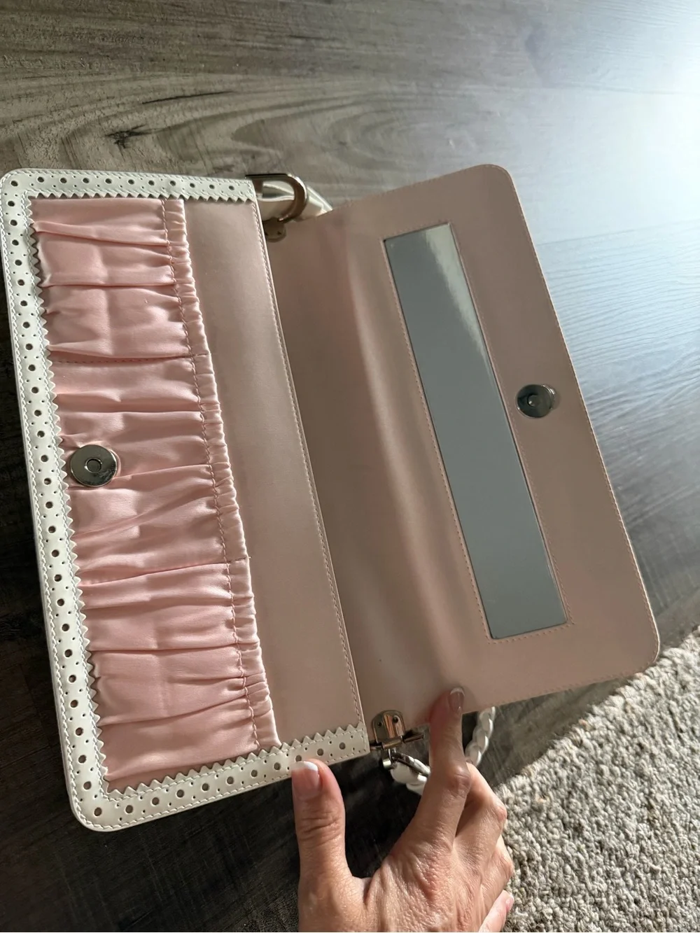 White and Gray Textured Clutch with Decorative Buckle